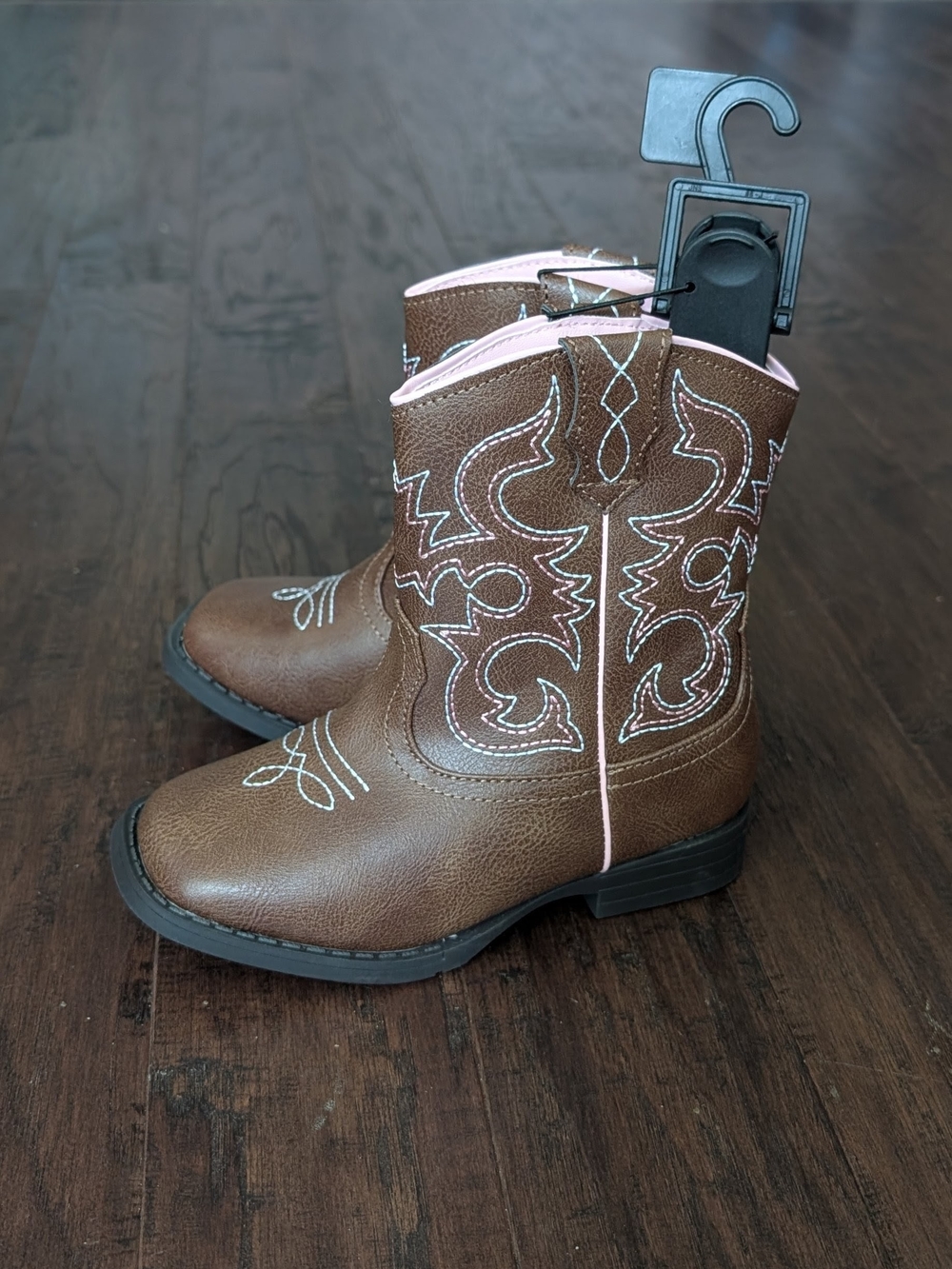 Little Girls Brown Western Cowgirl Boots with Pink/White Stitching - Size 11 - Picture 5 of 11
